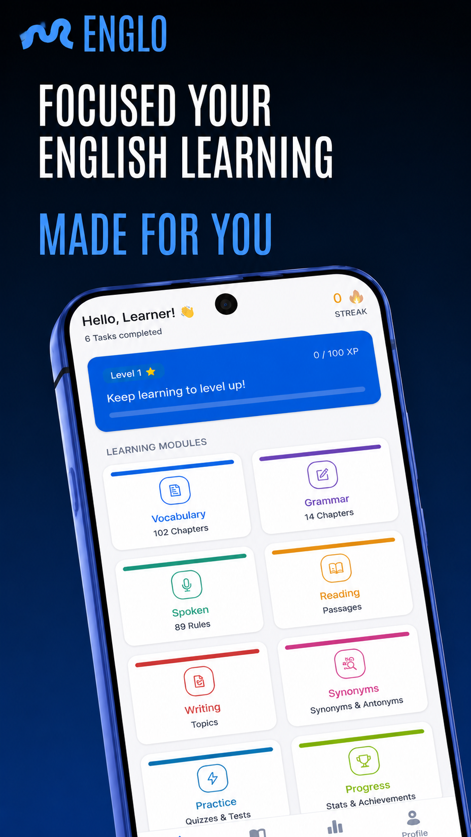 Englo home screen with learning module grid